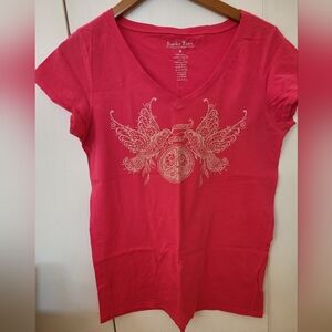 Lucky Brand Pink Tee with Ornate Bird Graphic Sz M